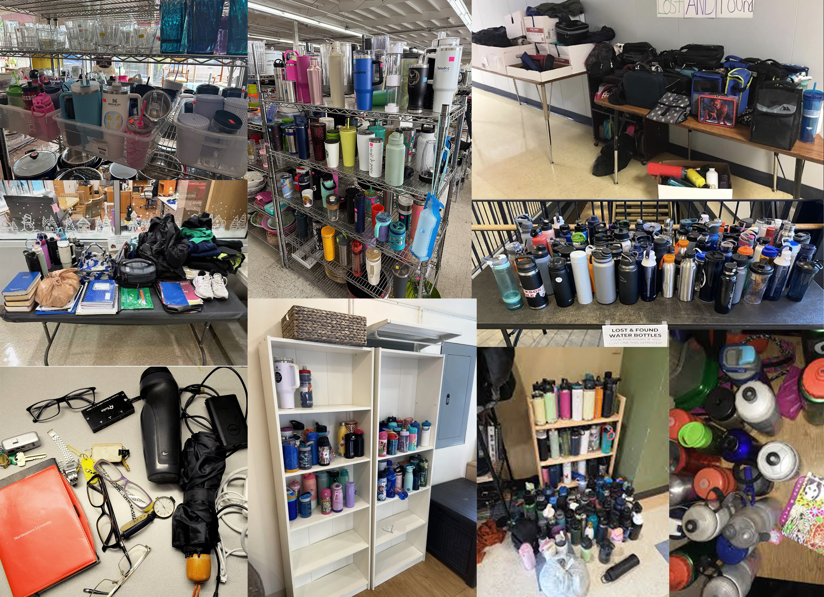 Lost-and-found collections filled with everyday belongings